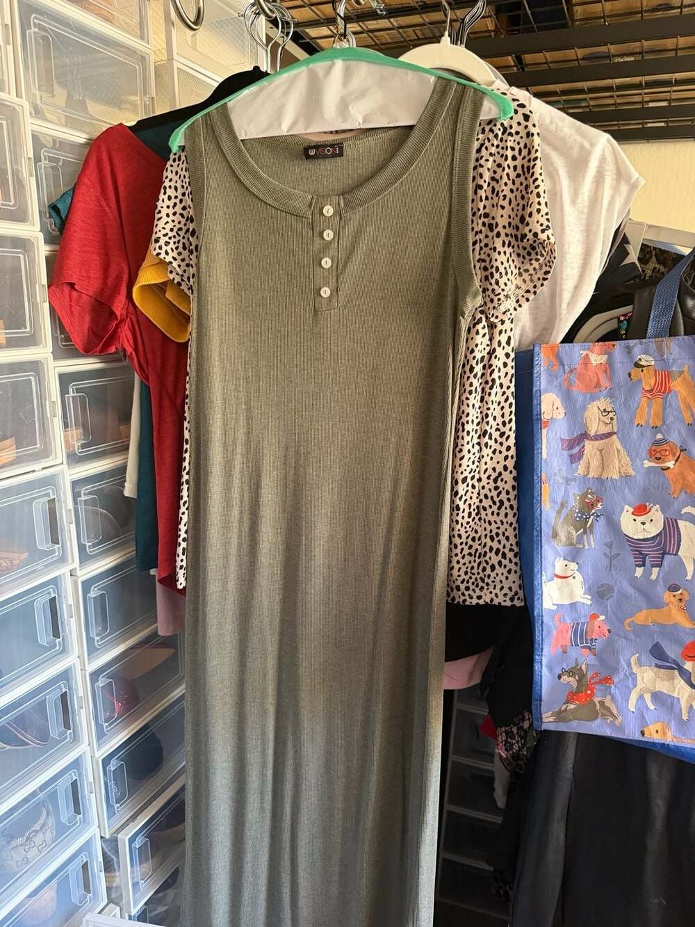 Vision U.S.A. Olive Green Ribbed Knit Sleeveless Midi Tank Dress